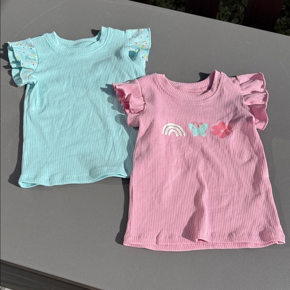 🍄4T girls, short sleeve T-shirt, ribbed, blue, and pink floral NWOT